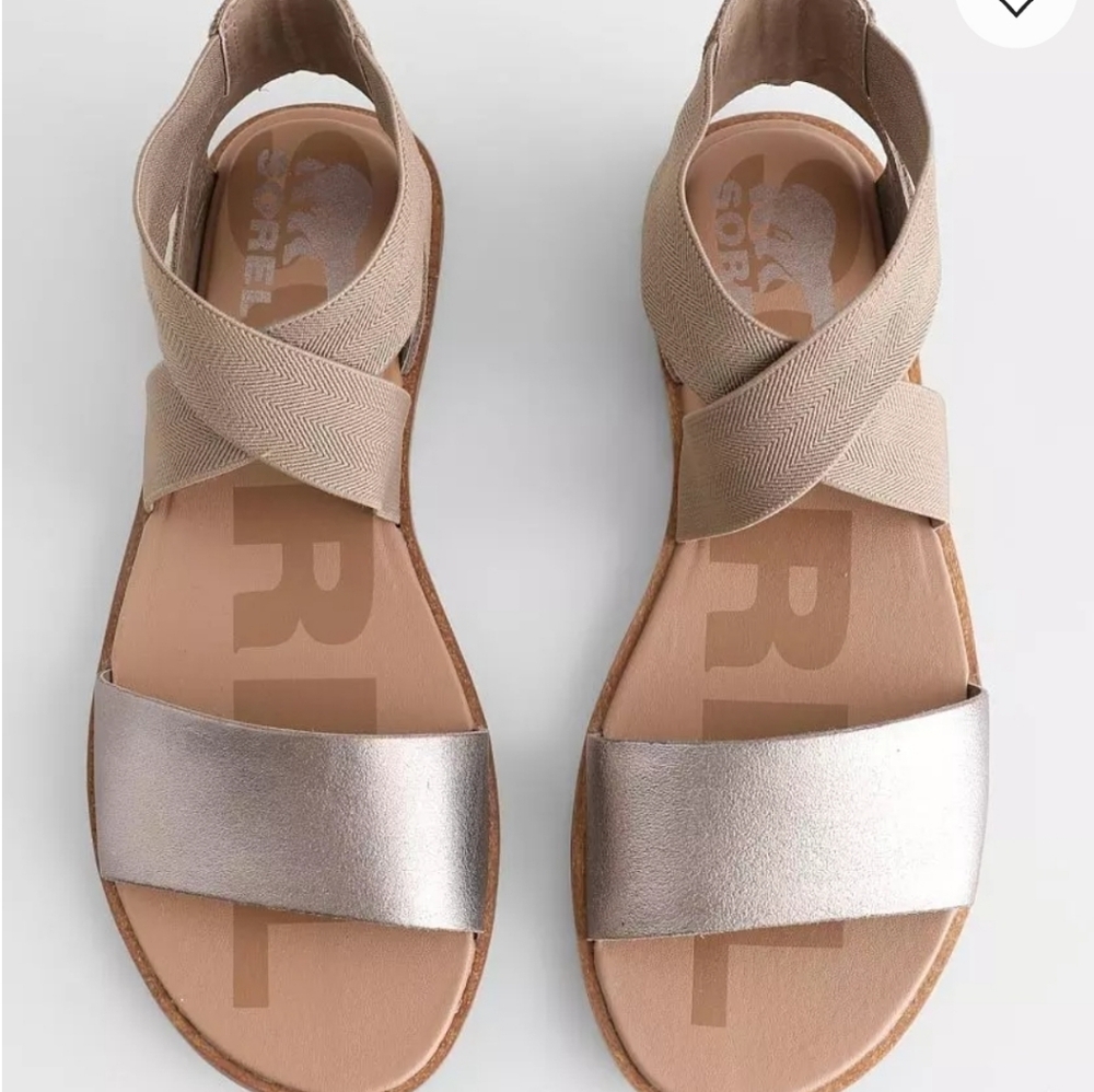 Sorel Ella Women's Leather Sandals In Beige and Metallic, Size 9